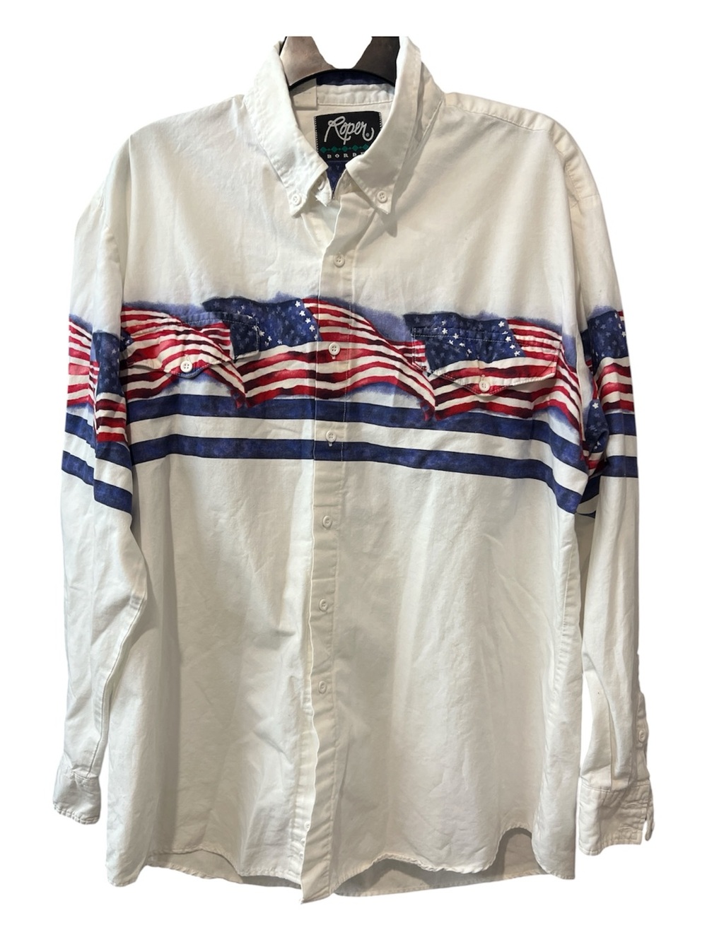 Vintage Roper Border Shirt Men's Sz Xl Red Blue White Long Sleeve Made USA 90s